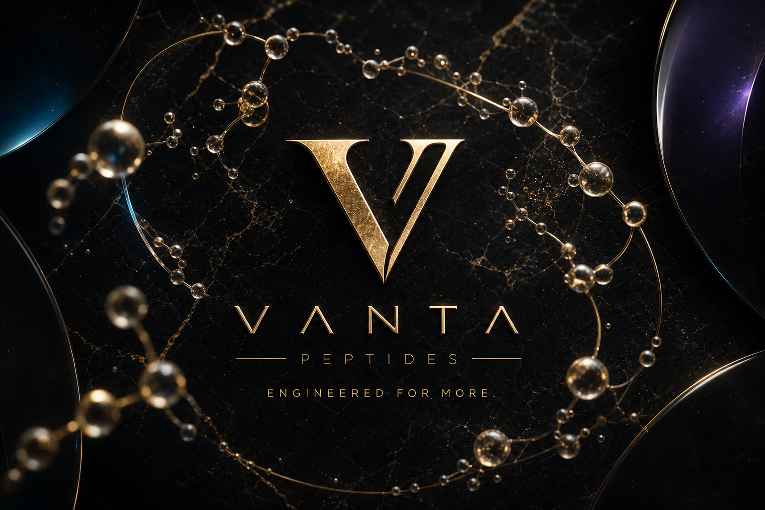 Vanta Peptides gold V emblem surrounded by a luminous molecular sculpture